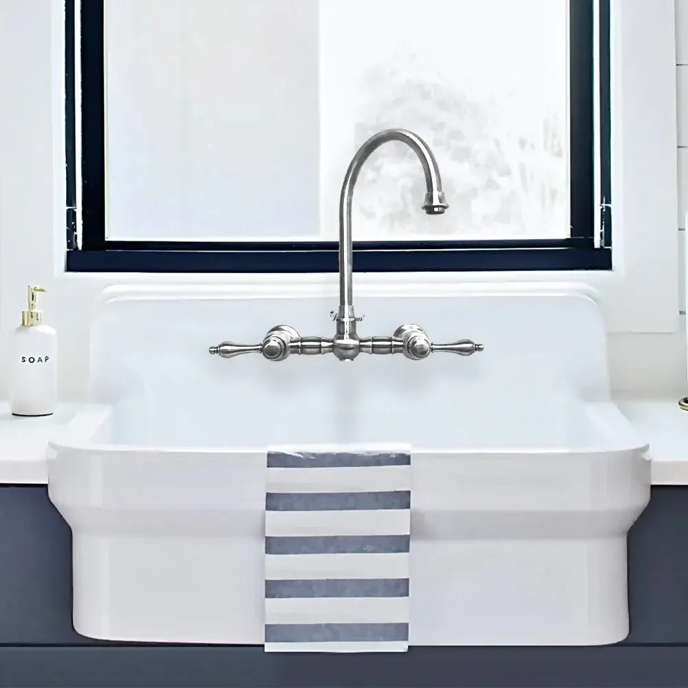 WHITEHAUS Vintage III plus Wall Mount Faucet with a Long Gooseneck Swivel Spout, Lever Handles and Solid Brass Side Spray - WHKWLV3-9301-NT - The Home Selection