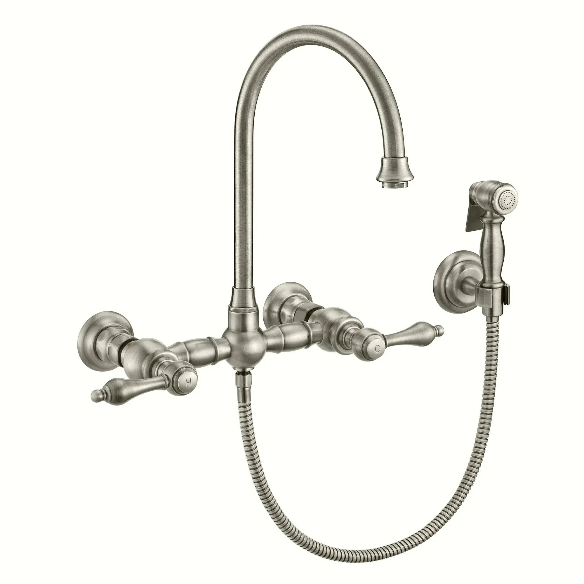 WHITEHAUS Vintage III plus Wall Mount Faucet with a Long Gooseneck Swivel Spout, Lever Handles and Solid Brass Side Spray - WHKWLV3-9301-NT - The Home Selection