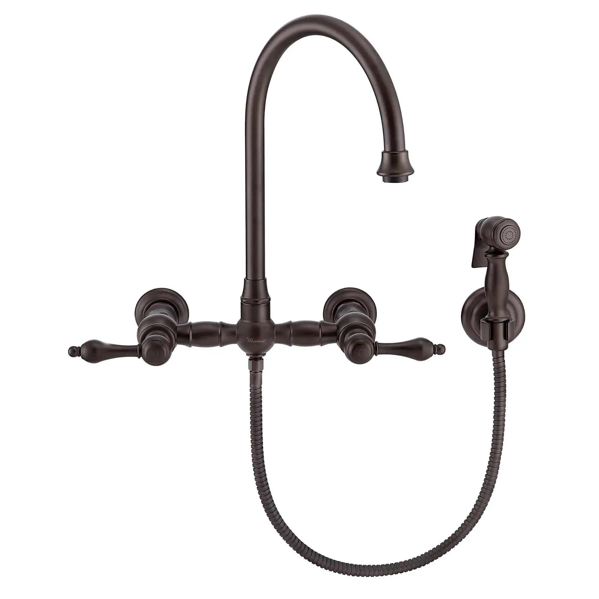 WHITEHAUS Vintage III plus Wall Mount Faucet with a Long Gooseneck Swivel Spout, Lever Handles and Solid Brass Side Spray - WHKWLV3-9301-NT - The Home Selection