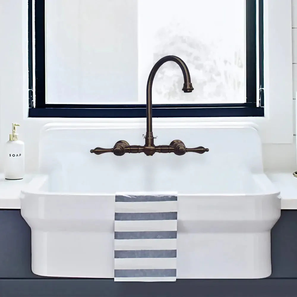 WHITEHAUS Vintage III plus Wall Mount Faucet with a Long Gooseneck Swivel Spout, Lever Handles and Solid Brass Side Spray - WHKWLV3-9301-NT - The Home Selection