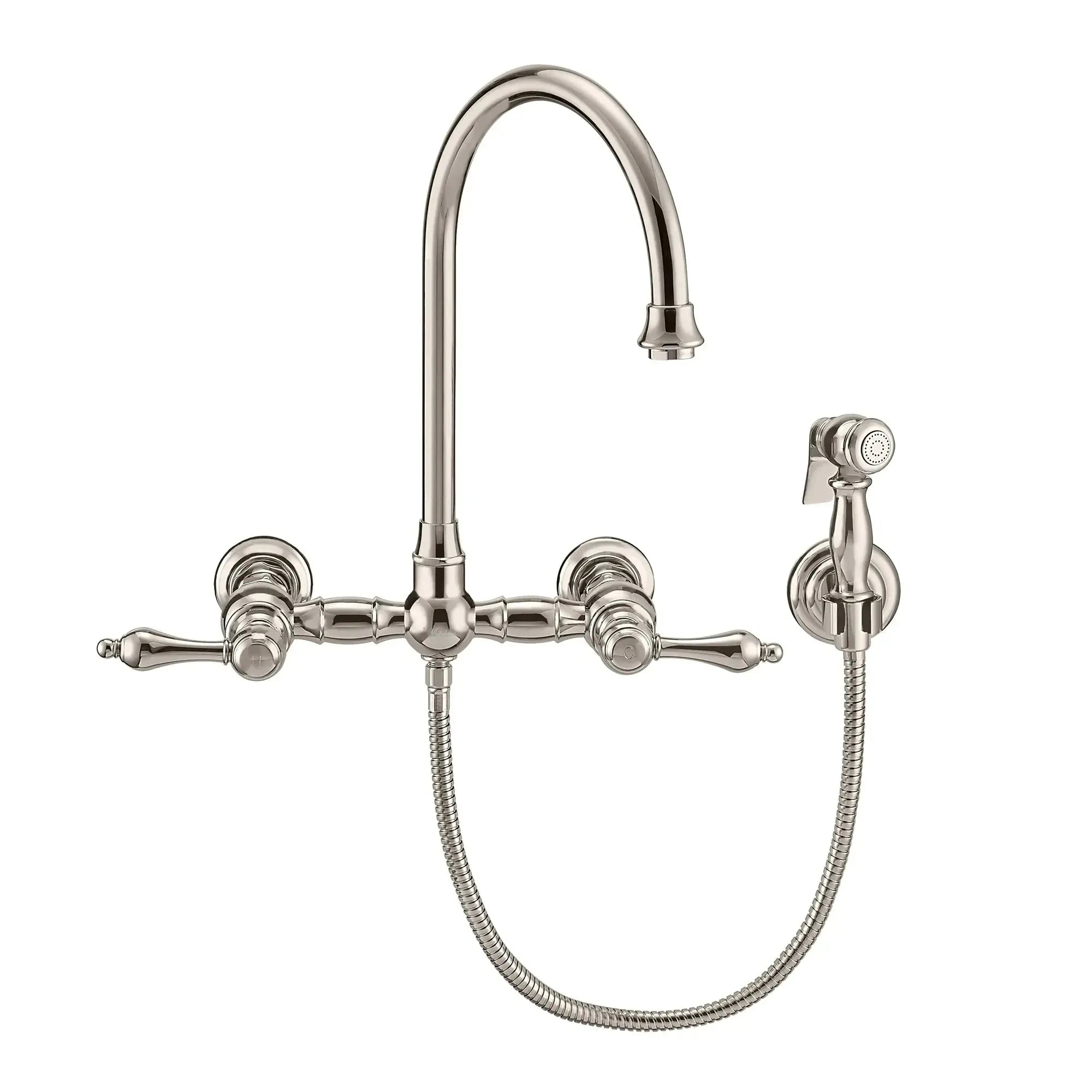 WHITEHAUS Vintage III plus Wall Mount Faucet with a Long Gooseneck Swivel Spout, Lever Handles and Solid Brass Side Spray - WHKWLV3-9301-NT - The Home Selection