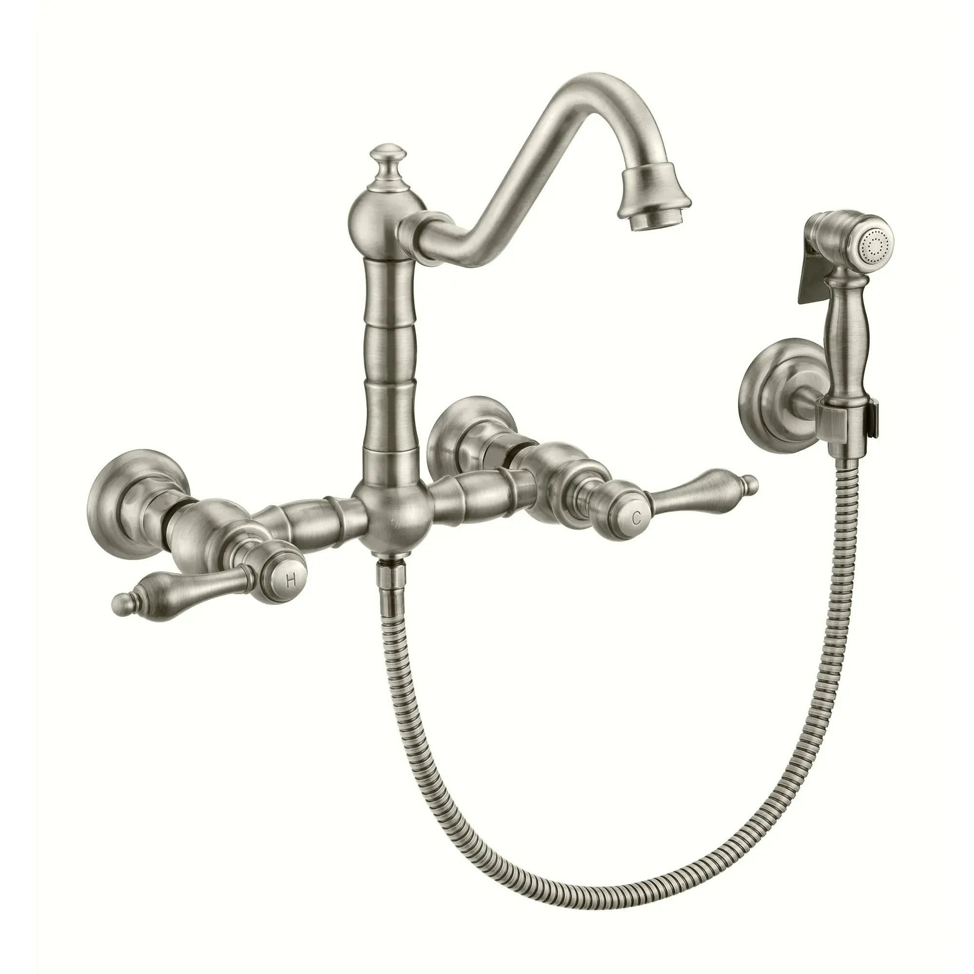 WHITEHAUS Vintage III plus Wall Mount Faucet with a Long Traditional Swivel Spout, Lever Handles and Solid Brass Side Spray - WHKWLV3-9402-NT - The Home Selection