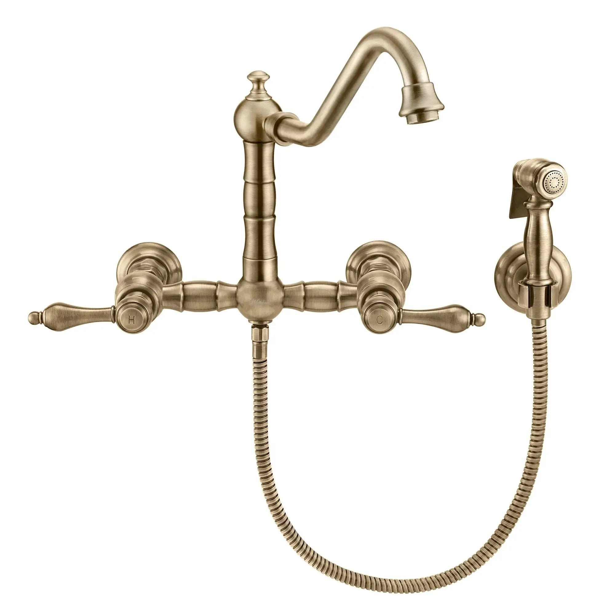 WHITEHAUS Vintage III plus Wall Mount Faucet with a Long Traditional Swivel Spout, Lever Handles and Solid Brass Side Spray - WHKWLV3-9402-NT - The Home Selection
