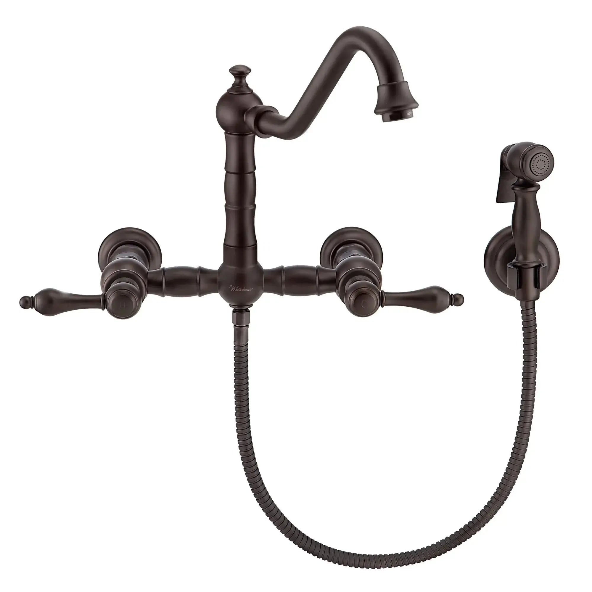 WHITEHAUS Vintage III plus Wall Mount Faucet with a Long Traditional Swivel Spout, Lever Handles and Solid Brass Side Spray - WHKWLV3-9402-NT - The Home Selection