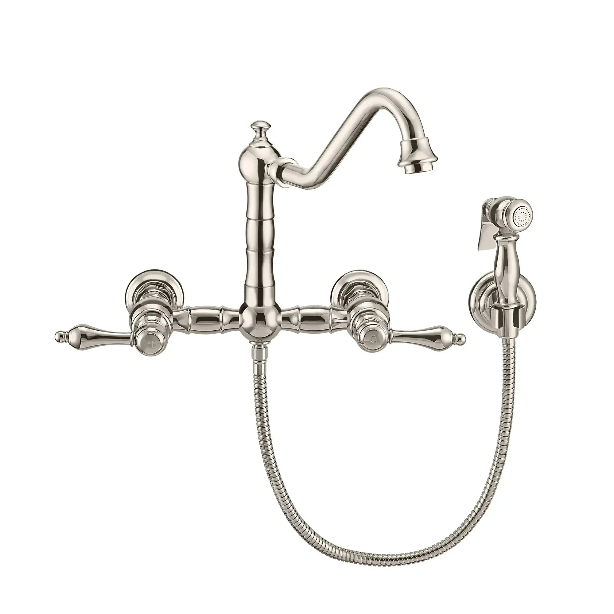 WHITEHAUS Vintage III plus Wall Mount Faucet with a Long Traditional Swivel Spout, Lever Handles and Solid Brass Side Spray - WHKWLV3-9402-NT - The Home Selection
