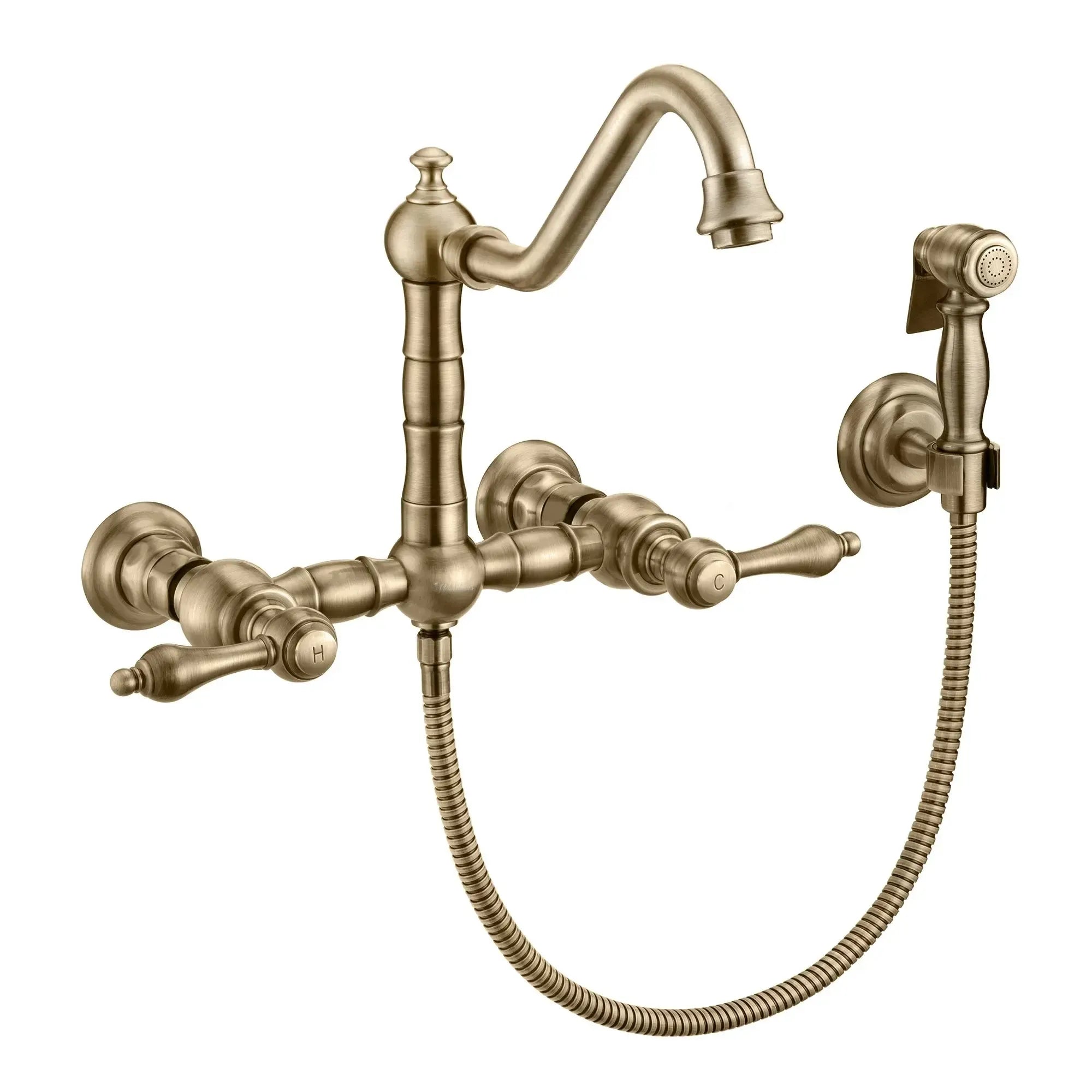 WHITEHAUS Vintage III plus Wall Mount Faucet with a Long Traditional Swivel Spout, Lever Handles and Solid Brass Side Spray - WHKWLV3-9402-NT - The Home Selection