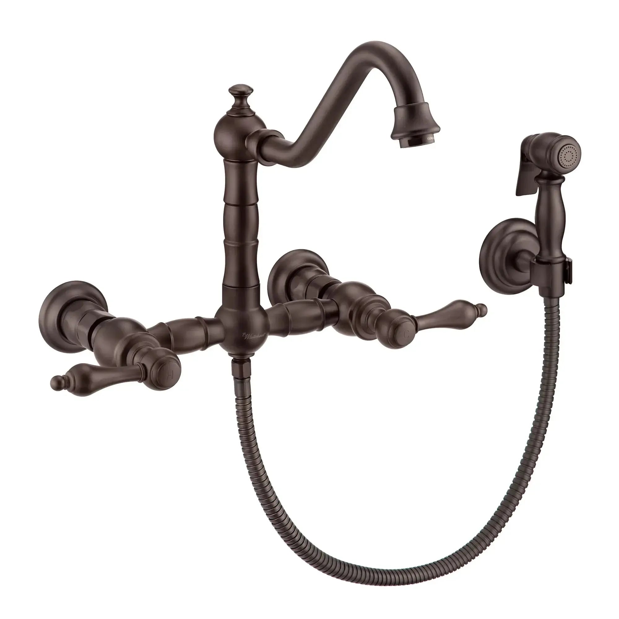 WHITEHAUS Vintage III plus Wall Mount Faucet with a Long Traditional Swivel Spout, Lever Handles and Solid Brass Side Spray - WHKWLV3-9402-NT - The Home Selection