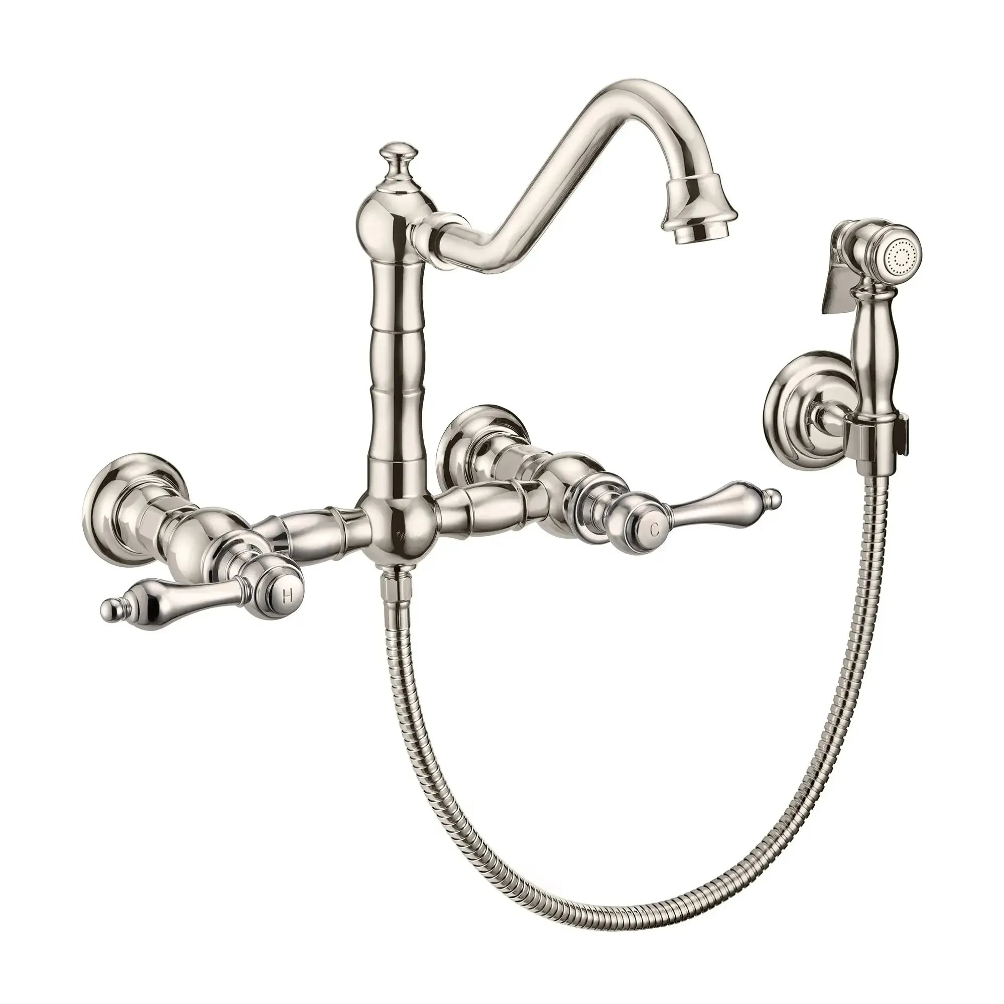 WHITEHAUS Vintage III plus Wall Mount Faucet with a Long Traditional Swivel Spout, Lever Handles and Solid Brass Side Spray - WHKWLV3-9402-NT - The Home Selection