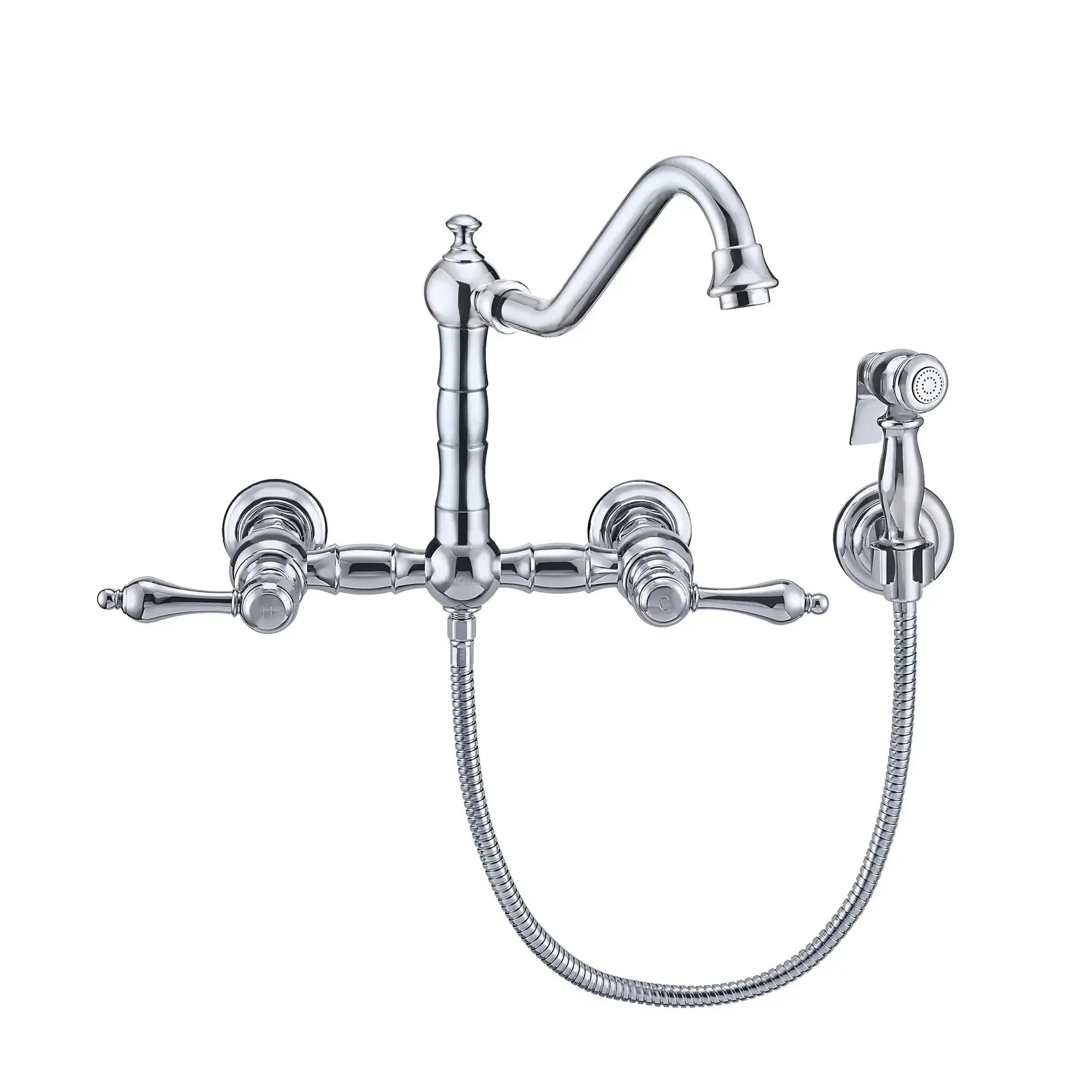 WHITEHAUS Vintage III plus Wall Mount Faucet with a Long Traditional Swivel Spout, Lever Handles and Solid Brass Side Spray - WHKWLV3-9402-NT - The Home Selection