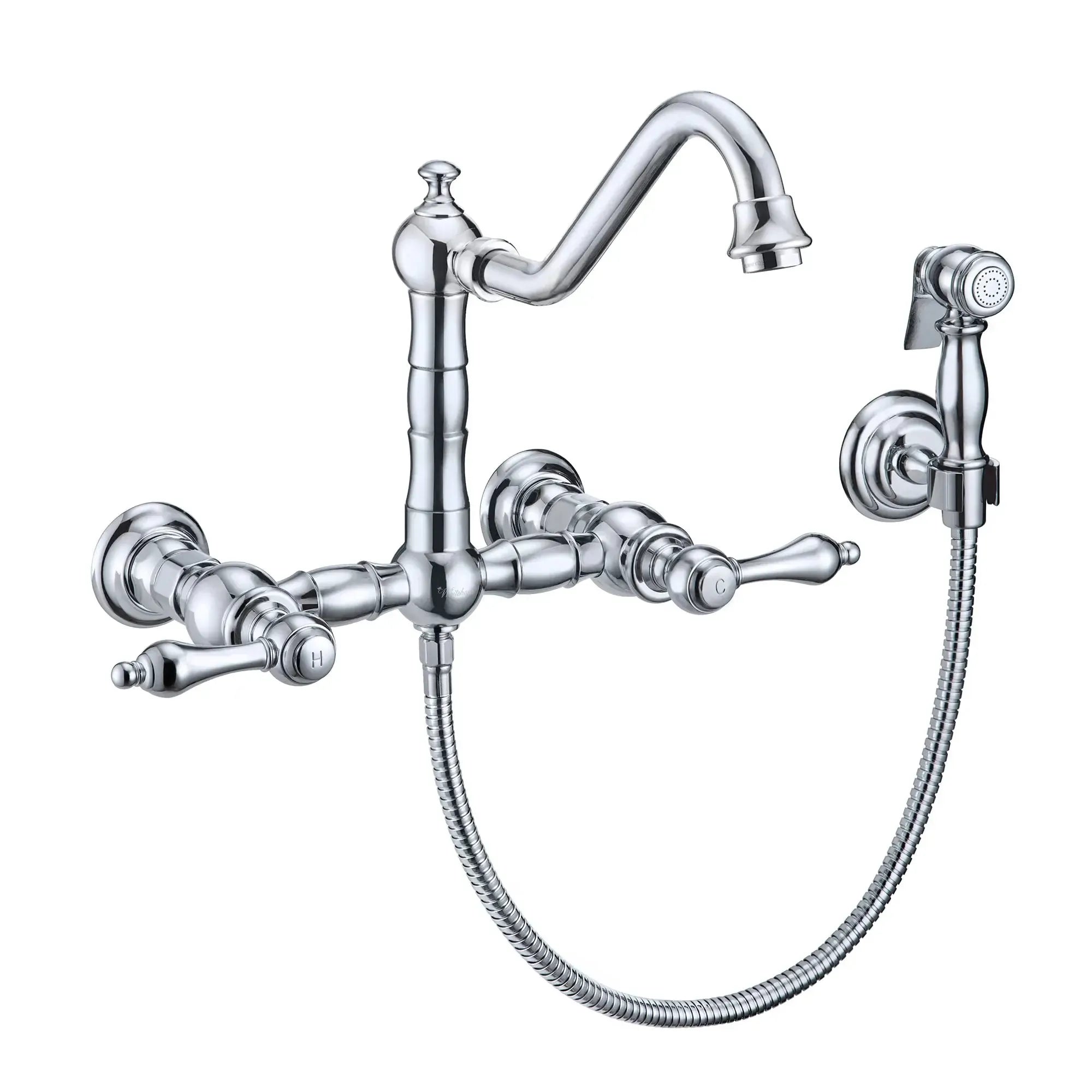 WHITEHAUS Vintage III plus Wall Mount Faucet with a Long Traditional Swivel Spout, Lever Handles and Solid Brass Side Spray - WHKWLV3-9402-NT - The Home Selection