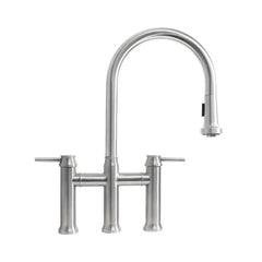 WHITEHAUS Waterhaus Lead-Free Solid Stainless Steel Bridge Faucet with a Gooseneck Swivel Spout, Pull-Down Spray Head and Solid Lever Handles - WHS6900-PDK - The Home Selection