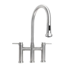 WHITEHAUS Waterhaus Lead-Free Solid Stainless Steel Bridge Faucet with a Gooseneck Swivel Spout, Pull-Down Spray Head and Solid Lever Handles - WHS6900-PDK - The Home Selection
