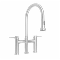 WHITEHAUS Waterhaus Lead-Free Solid Stainless Steel Bridge Faucet with a Gooseneck Swivel Spout, Pull-Down Spray Head and Solid Lever Handles - WHS6900-PDK - The Home Selection