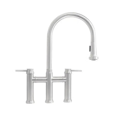 WHITEHAUS Waterhaus Lead-Free Solid Stainless Steel Bridge Faucet with a Gooseneck Swivel Spout, Pull-Down Spray Head and Solid Lever Handles - WHS6900-PDK - The Home Selection