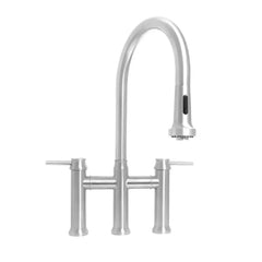WHITEHAUS Waterhaus Lead-Free Solid Stainless Steel Bridge Faucet with a Gooseneck Swivel Spout, Pull-Down Spray Head and Solid Lever Handles - WHS6900-PDK - The Home Selection