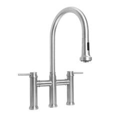 WHITEHAUS Waterhaus Lead-Free Solid Stainless Steel Bridge Faucet with a Gooseneck Swivel Spout, Pull-Down Spray Head and Solid Lever Handles - WHS6900-PDK - The Home Selection