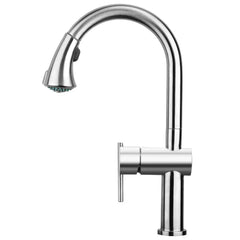 WHITEHAUS Waterhaus Lead Free, Solid Stainless Steel Single-Hole Faucet with Gooseneck Swivel Spout Pull Down Spray Head and Solid Lever Handle - WHS1971-SK - The Home Selection