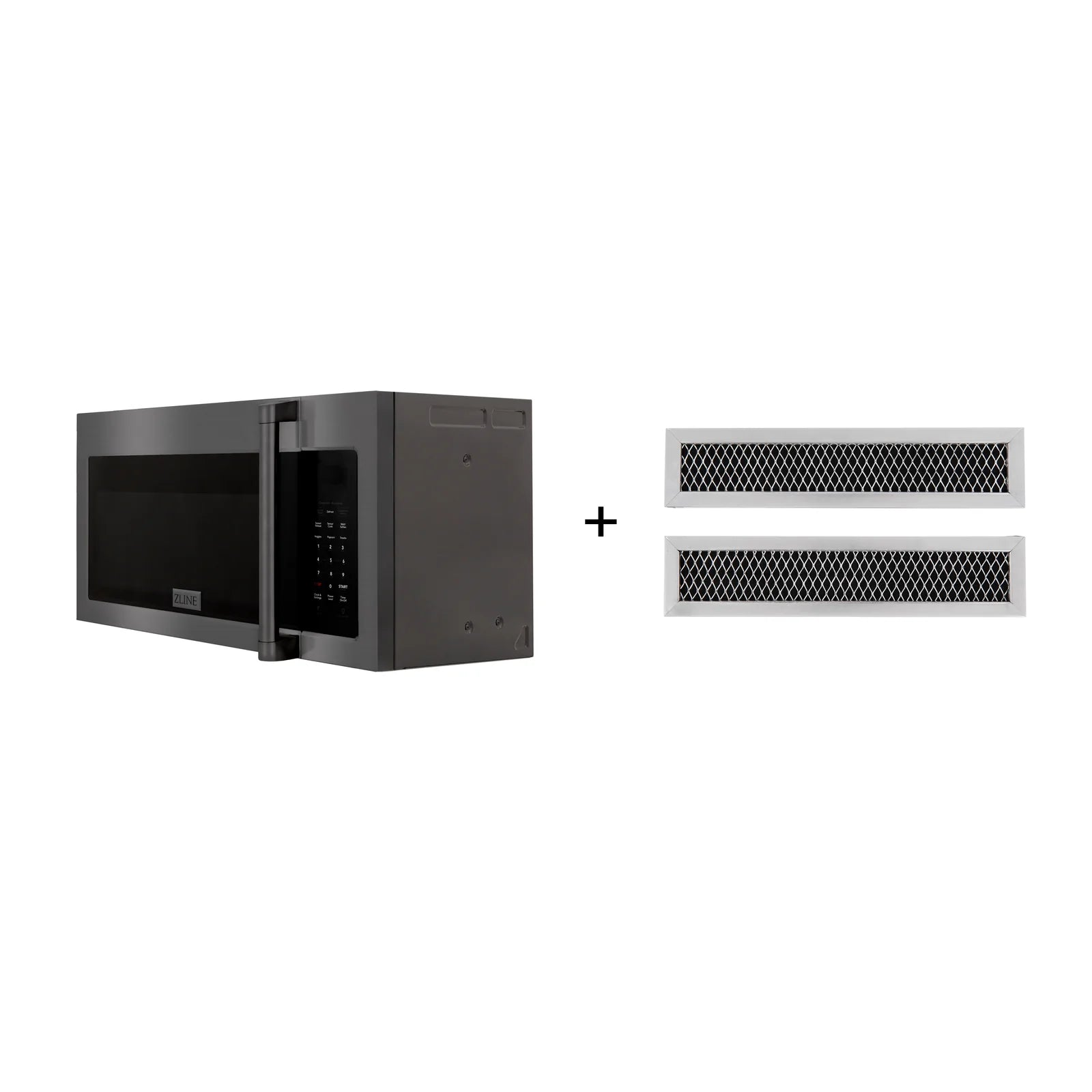 ZLINE 30-Inch 1.5 cu. ft. Over the Range Microwave in Black Stainless Steel with Traditional Handle and Set of 2 Charcoal Filters - MWO-OTRCFH-30-BS