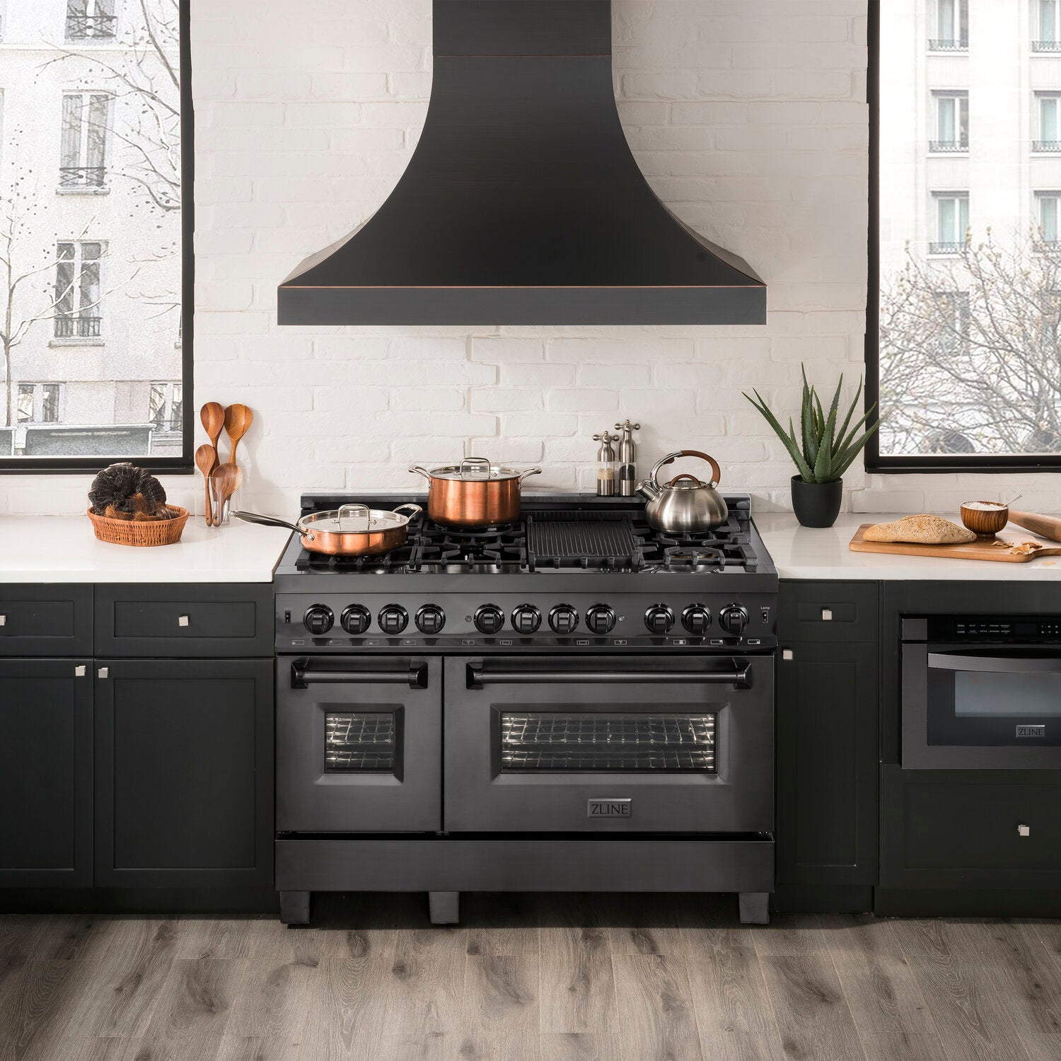 ZLINE 60" Dual Fuel Range with Gas Stove and Electric Oven in Black Stainless Steel with Brass Burners - RAB-60
