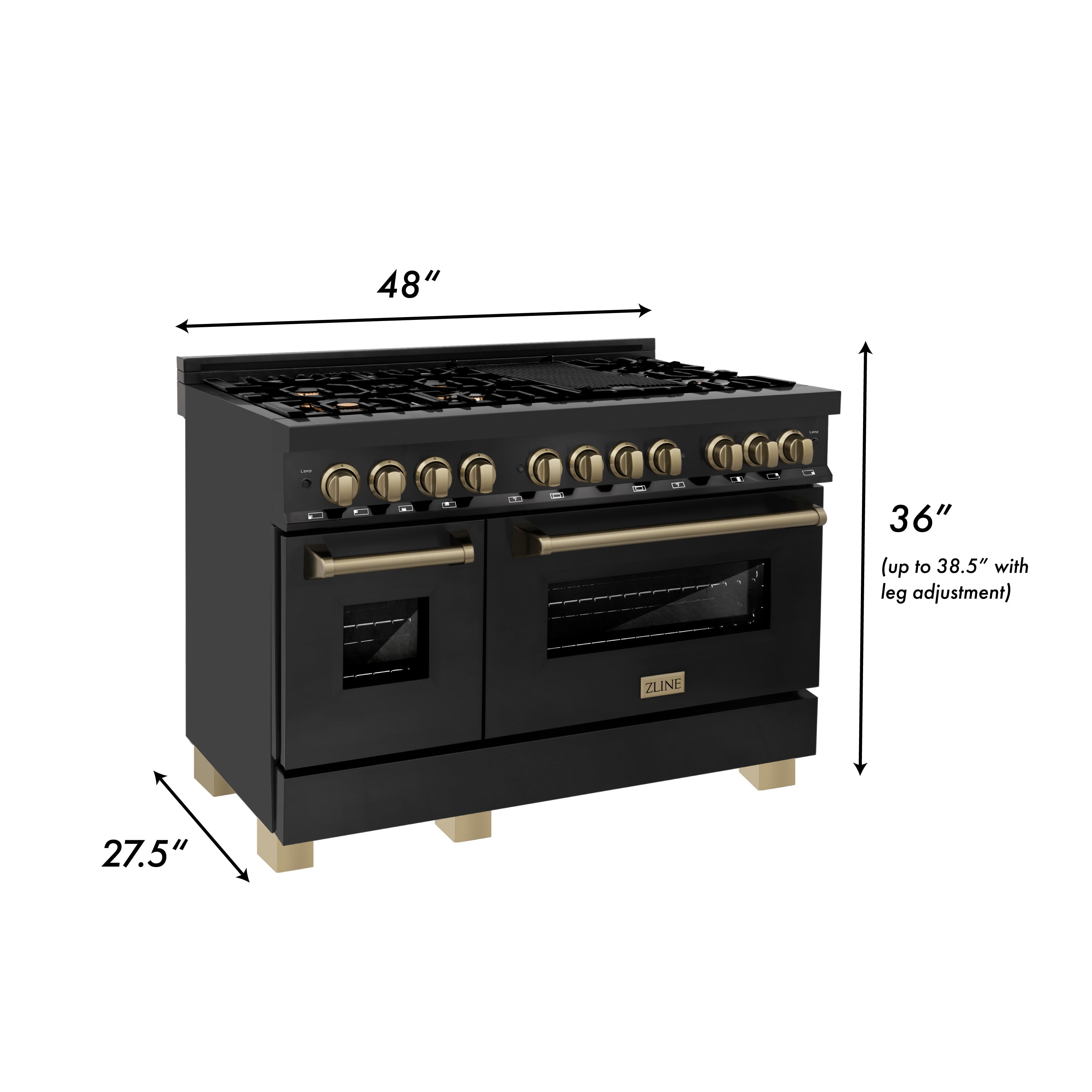 ZLINE Autograph Edition 48" 6.0 cu. ft. Dual Fuel Range with Gas Stove and Electric Oven in Black Stainless Steel with Accents - RABZ-48