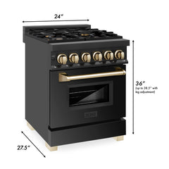 ZLINE Autograph Edition 24" 2.8 cu. ft. Dual Fuel Range with Gas Stove and Electric Oven in Black Stainless Steel with Champagne Bronze Accents (RABZ-24-CB)