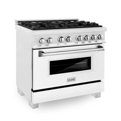 ZLINE 36-Inch Dual Fuel Range with 4.6 cu. ft. Electric Oven and Gas Cooktop and Griddle and White Matte Door in Fingerprint Resistant Stainless - RAS-WM-GR-36