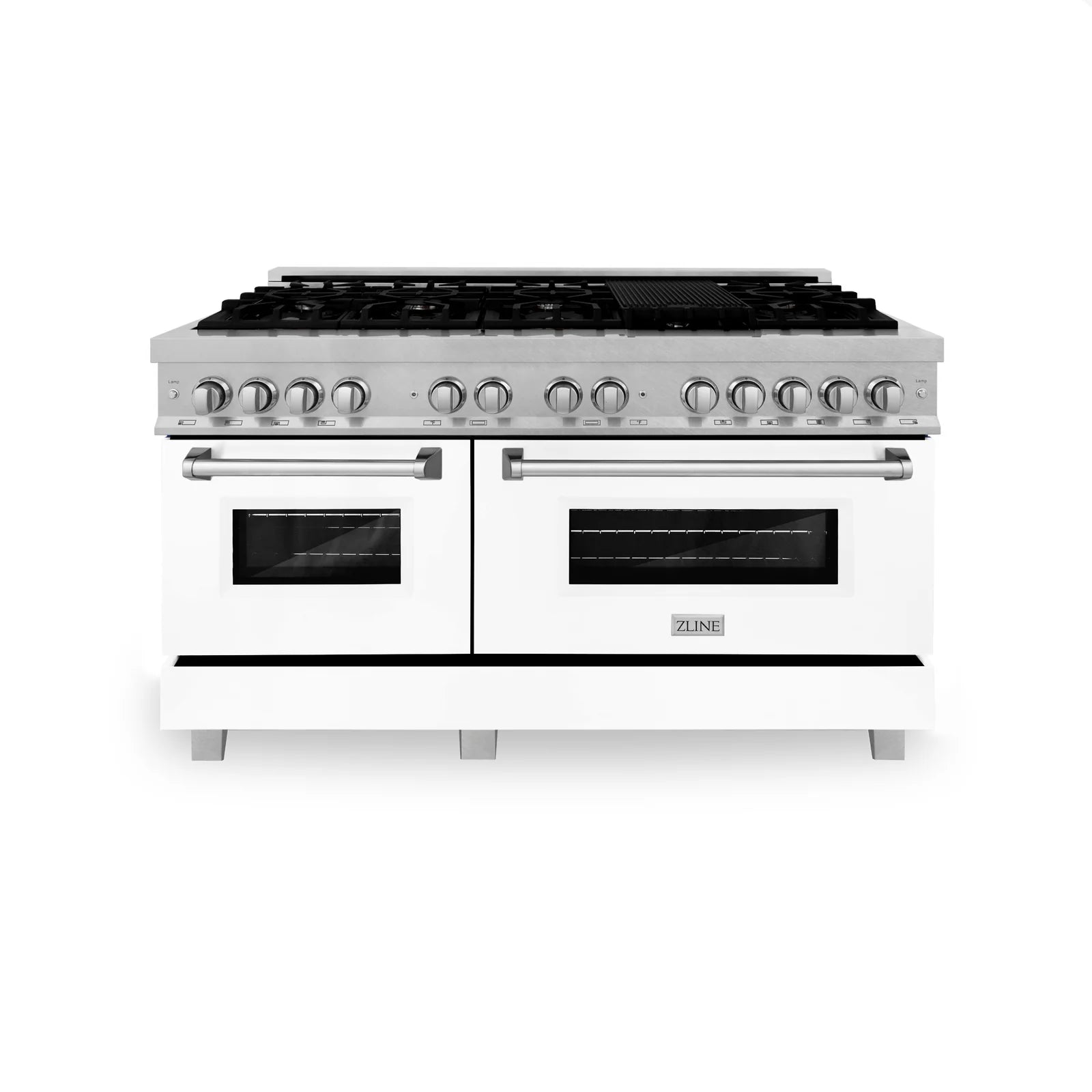 ZLINE 60-Inch Dual Fuel Range with 7.4 cu. ft. Electric Oven and Gas Cooktop and Griddle and White Matte Door in Fingerprint Resistant Stainless - RAS-WM-GR-60