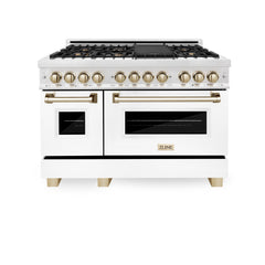 ZLINE Autograph Edition 48" 6.0 cu. ft. Dual Fuel Range with Gas Stove and Electric Oven in DuraSnow® Stainless Steel with White Matte Door with Accents - RASZ-WM-48