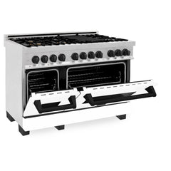 ZLINE Autograph Edition 48" 6.0 cu. ft. Dual Fuel Range with Gas Stove and Electric Oven in DuraSnow® Stainless Steel with White Matte Door with Accents - RASZ-WM-48