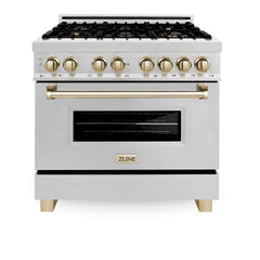 ZLINE Autograph Edition 36" 4.6 cu. ft. Dual Fuel Range with Gas Stove and Electric Oven in DuraSnow® Stainless Steel with Accents - RASZ-SN-36