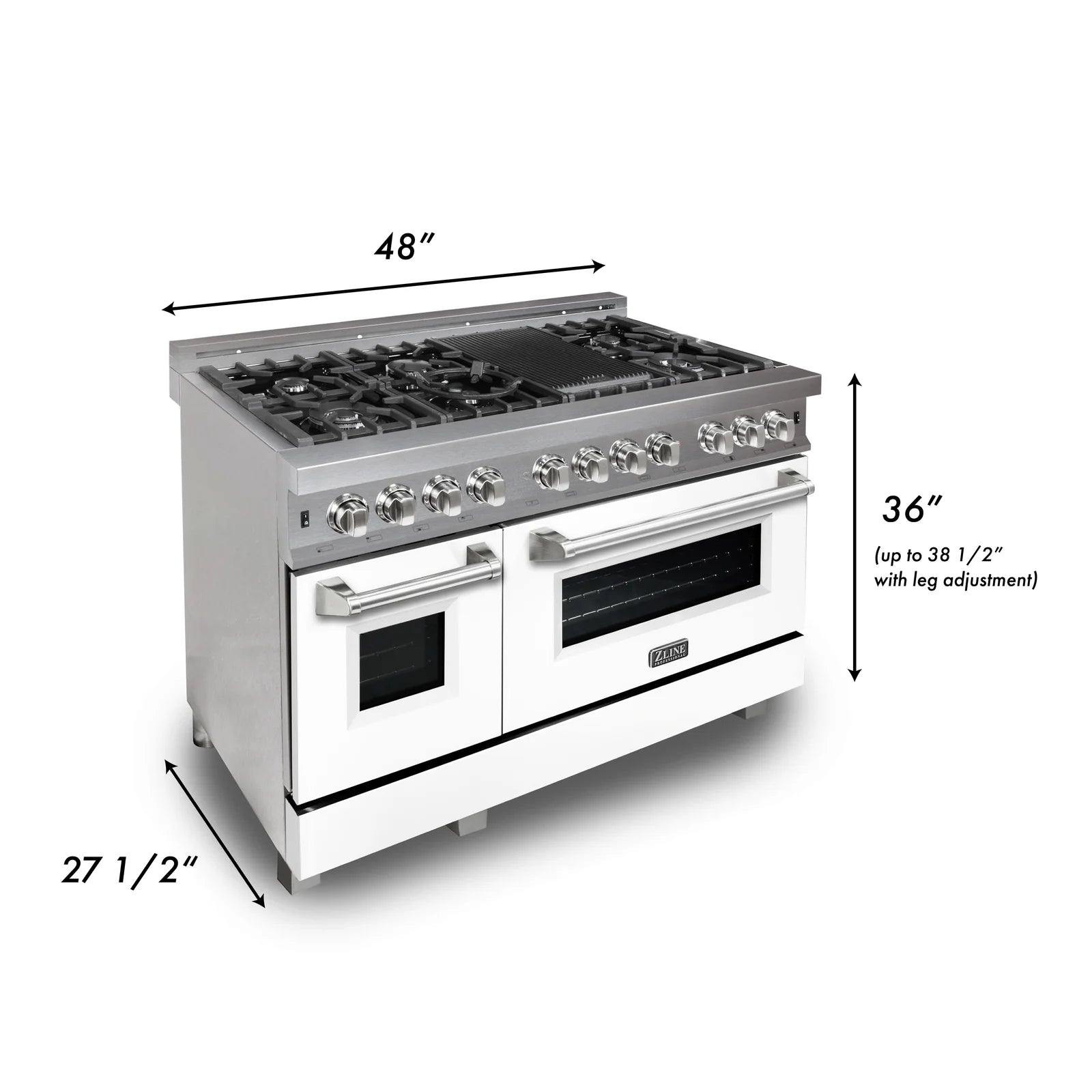 ZLINE 48-Inch Dual Fuel Range with 6.0 cu. ft. Electric Oven and Gas Cooktop and Griddle and White Matte Door in Fingerprint Resistant Stainless - RAS-WM-GR-48