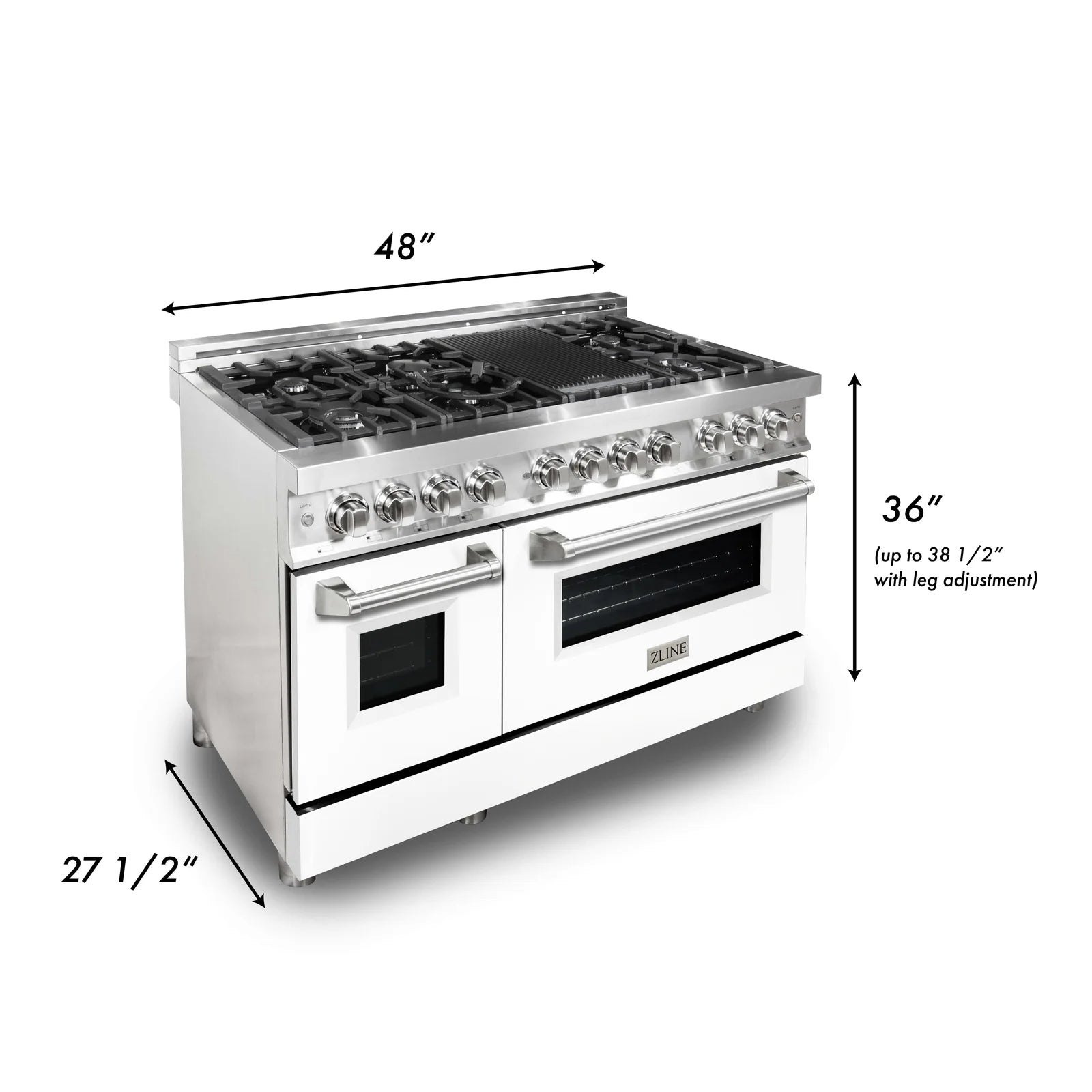 ZLINE 48-Inch 6.0 cu. ft. Electric Oven and Gas Cooktop Dual Fuel Range with Griddle and White Matte Door in Stainless Steel - RA-WM-GR-48