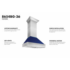 (discontinued) ZLINE Ducted DuraSnow® Stainless Steel Range Hood with Blue Gloss Shell - 8654BG - The Home Selection