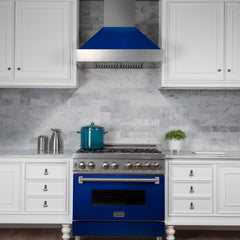 (discontinued) ZLINE Ducted DuraSnow® Stainless Steel Range Hood with Blue Gloss Shell - 8654BG - The Home Selection