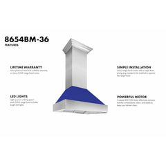 (discontinued) ZLINE Ducted DuraSnow® Stainless Steel Range Hood with Blue Matte Shell - 8654BM - The Home Selection