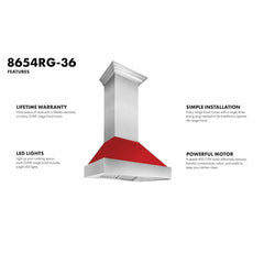 (discontinued) ZLINE Ducted DuraSnow® Stainless Steel Range Hood with Red Gloss Shell - 8654RG - The Home Selection