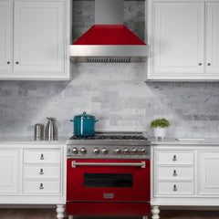 (discontinued) ZLINE Ducted DuraSnow® Stainless Steel Range Hood with Red Gloss Shell - 8654RG - The Home Selection