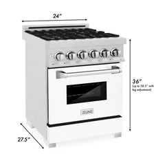 ZLINE 24-Inch Dual Fuel Range with 2.8 cu. ft. Electric Oven and Gas Cooktop and Griddle and White Matte Door in Fingerprint Resistant Stainless - RAS-WM-GR-24