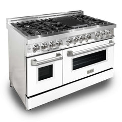 ZLINE 48-Inch 6.0 cu. ft. Electric Oven and Gas Cooktop Dual Fuel Range with Griddle and White Matte Door in Stainless Steel - RA-WM-GR-48