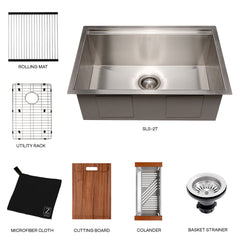 ZLINE 27 in. Garmisch Undermount Single Bowl Stainless Steel Kitchen Sink with Bottom Grid and Accessories, SLS-27 - The Home Selection