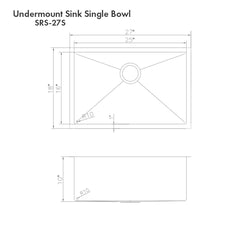 ZLINE 27 in. Meribel Undermount Single Bowl Stainless Steel Kitchen Sink with Bottom Grid, SRS-27 - The Home Selection
