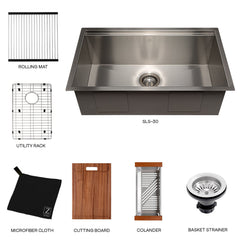 ZLINE 30 in. Garmisch Undermount Single Bowl Stainless Steel Kitchen Sink with Bottom Grid and Accessories, SLS-30 - The Home Selection