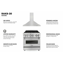 ZLINE 30" Kitchen Package with Stainless Steel Dual Fuel Range and Convertible Vent Range Hood - 2KP-RARH30 - The Home Selection