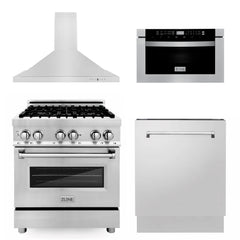 ZLINE 30" Kitchen Package with Stainless Steel Dual Fuel Range, Range Hood, Microwave Drawer and Tall Tub Dishwasher - 4KP-RARH30-MWDWV - The Home Selection