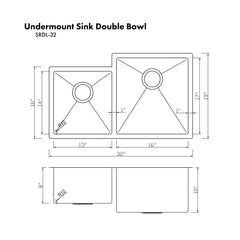 ZLINE 32" Jackson Undermount Double Bowl Kitchen Sink with Bottom Grid - SRDL-32 - The Home Selection