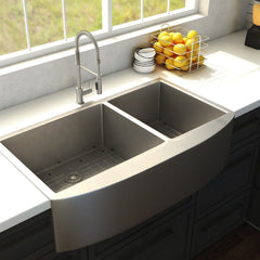 ZLINE 33 in. Chamonix Undermount Double Bowl Stainless Steel Kitchen Sink with Bottom Grid, SR60D-33 - The Home Selection