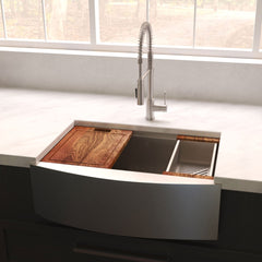 ZLINE 33 in. Moritz Farmhouse Apron Mount Single Bowl Stainless Steel Kitchen Sink with Bottom Grid and Accessories, SLSAP-33 - The Home Selection