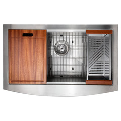 ZLINE 33 in. Moritz Farmhouse Apron Mount Single Bowl Stainless Steel Kitchen Sink with Bottom Grid and Accessories, SLSAP-33 - The Home Selection