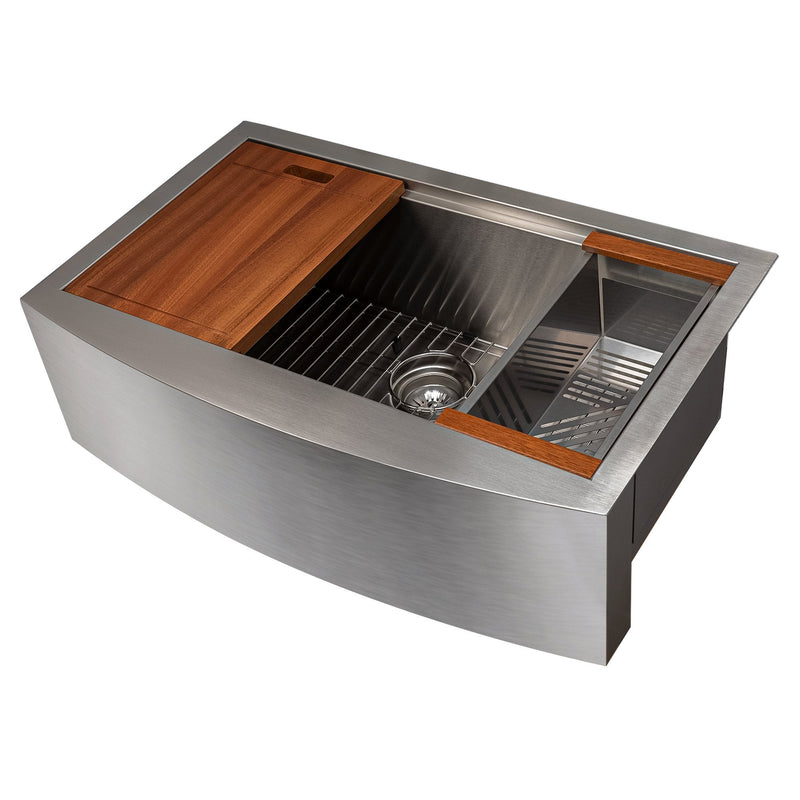 ZLINE 33 in. Moritz Farmhouse Apron Mount Single Bowl Stainless Steel Kitchen Sink with Bottom Grid and Accessories, SLSAP-33 - The Home Selection