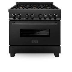 ZLINE 36" 4.6 cu. ft. Dual Fuel Range with Gas Stove and Electric Oven in Black Stainless Steel with Brass Burners (RAB-BR-36) - The Home Selection